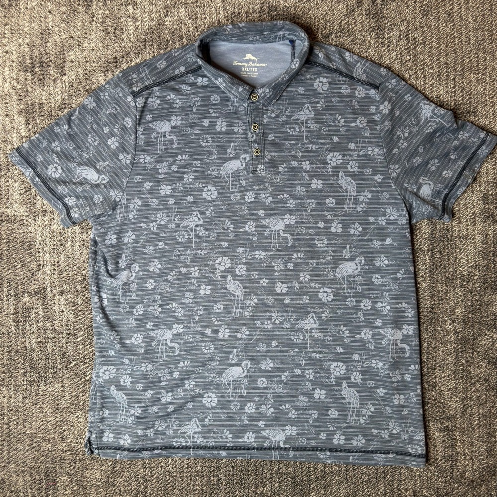 Tommy Bahama Mens XXL Gray Flamingo Floral Tropical Short Sleeve Polo Shirt